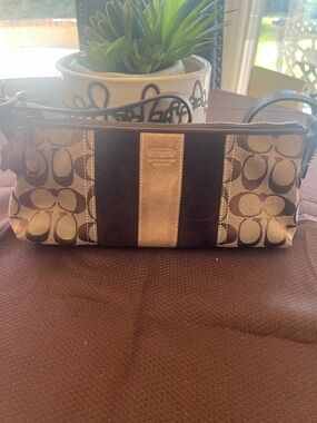 Coach Brown and Gold Signature Stripe Wristlet